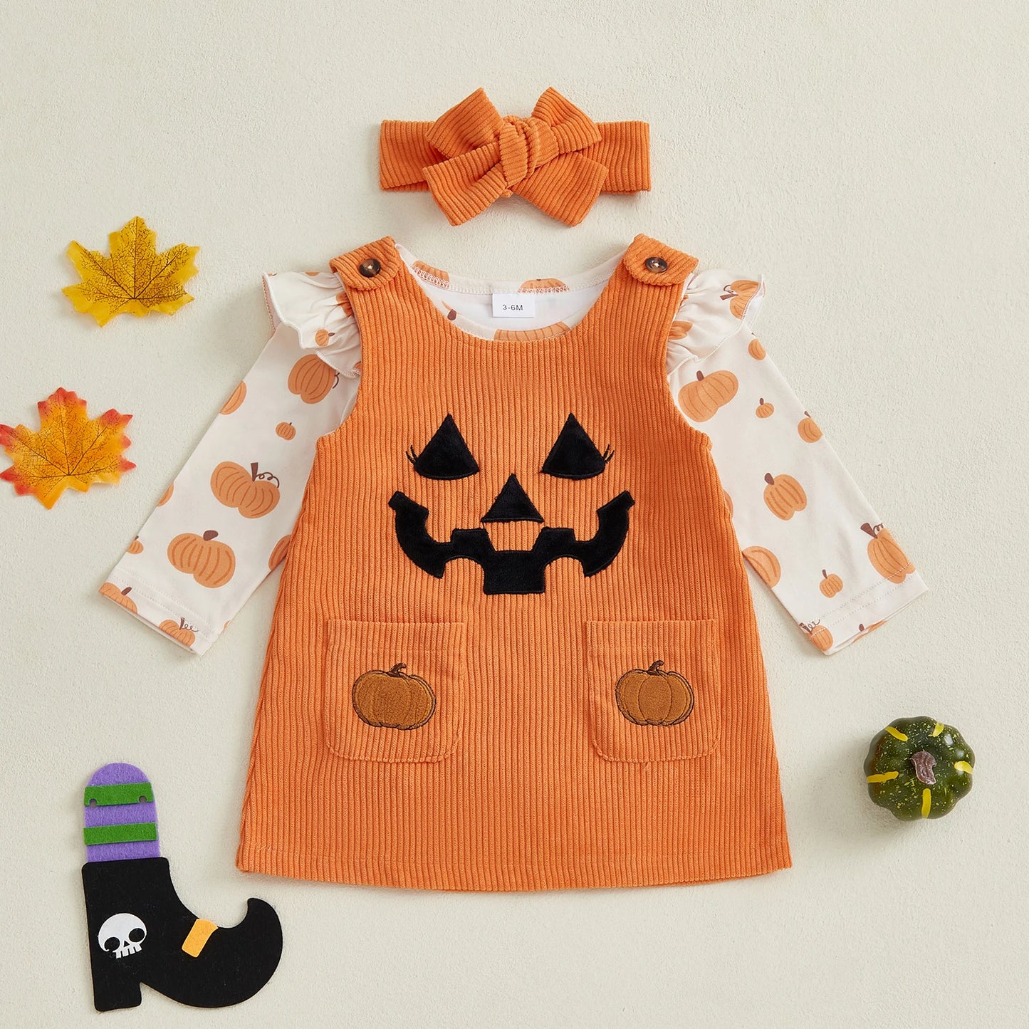 Baby Girls 3Pcs Halloween Outfit Pumpkin Ruffle Long Sleeve Romper Overall Dress Headband Set