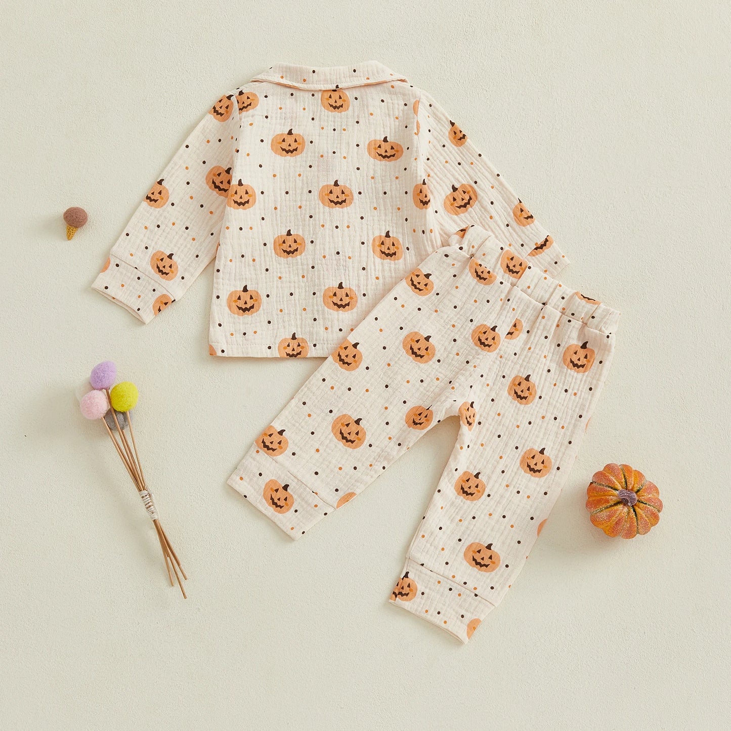 Baby Toddler Boys Girls 2Pcs Halloween Outfit Pumpkin Print Long Sleeve Shirt + Pants Set Loungewear