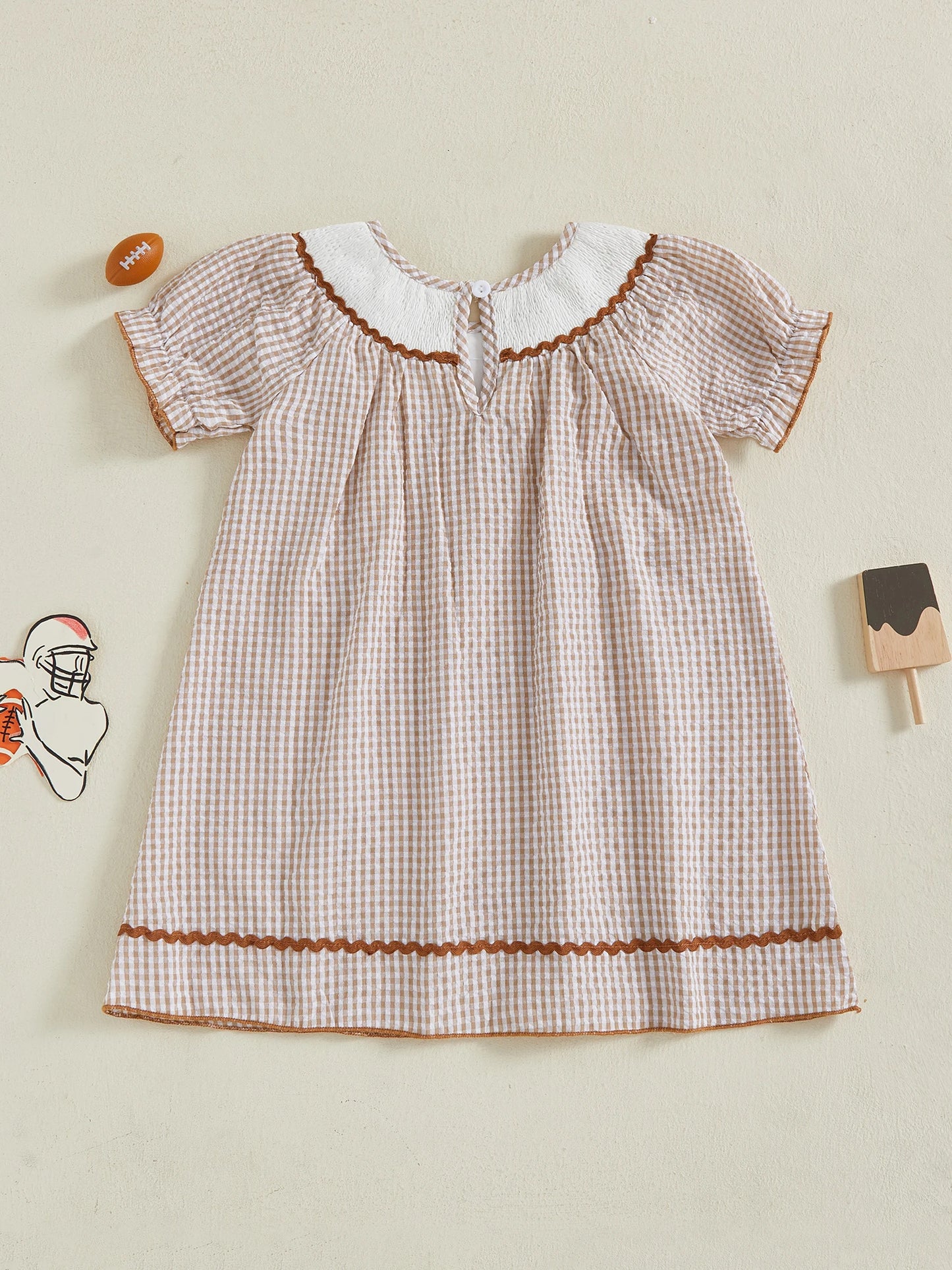 Toddler Kids Girl Dress Loose Fit Football Embroidered Plaid Crew Neck Short Sleeve Dress Summer Fall
