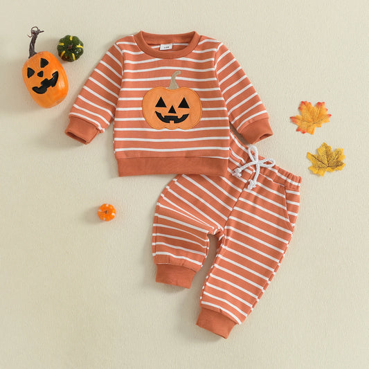 Baby Toddler Boys 2Pcs Halloween Outfit Stripe Pumpkin Embroidery Long Sleeve Top and Long Jogger Pants Clothes Set
