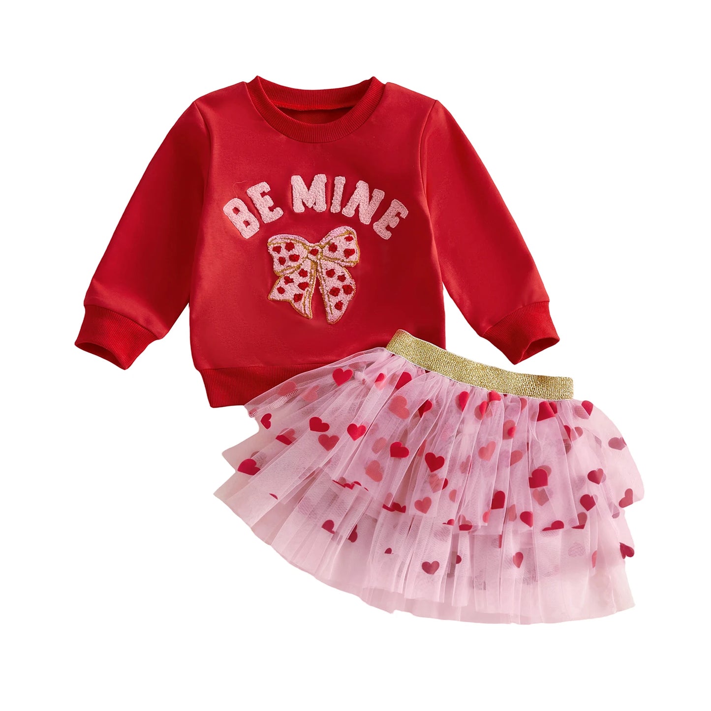 Baby Toddler Girls 2Pcs Be Mine Valentine's Day Outfit Letter Bow Embroidered Long Sleeve Top and Heart Print Mesh Tutu Skirt Set