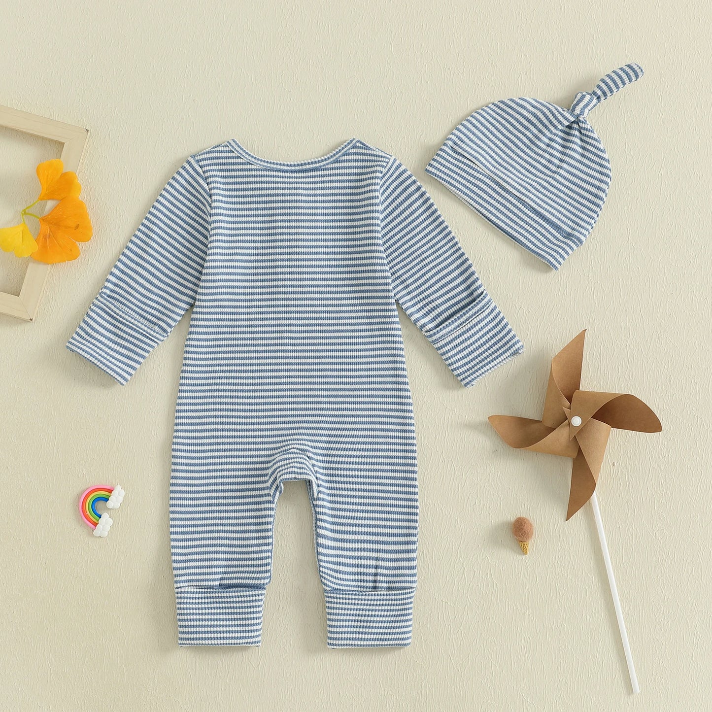 Baby Boys 2Pcs Fall Clothes Romper Stripe Print Long Sleeve Round Neck Full Length Jumpsuit with Hat Set