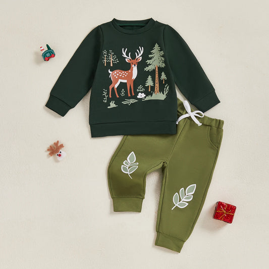 Baby Toddler Boys 2Pcs Christmas Clothes Reindeer Tree Winter Print Long Sleeve Round Neck Pullover Elastic Waist Long Jogger Pants