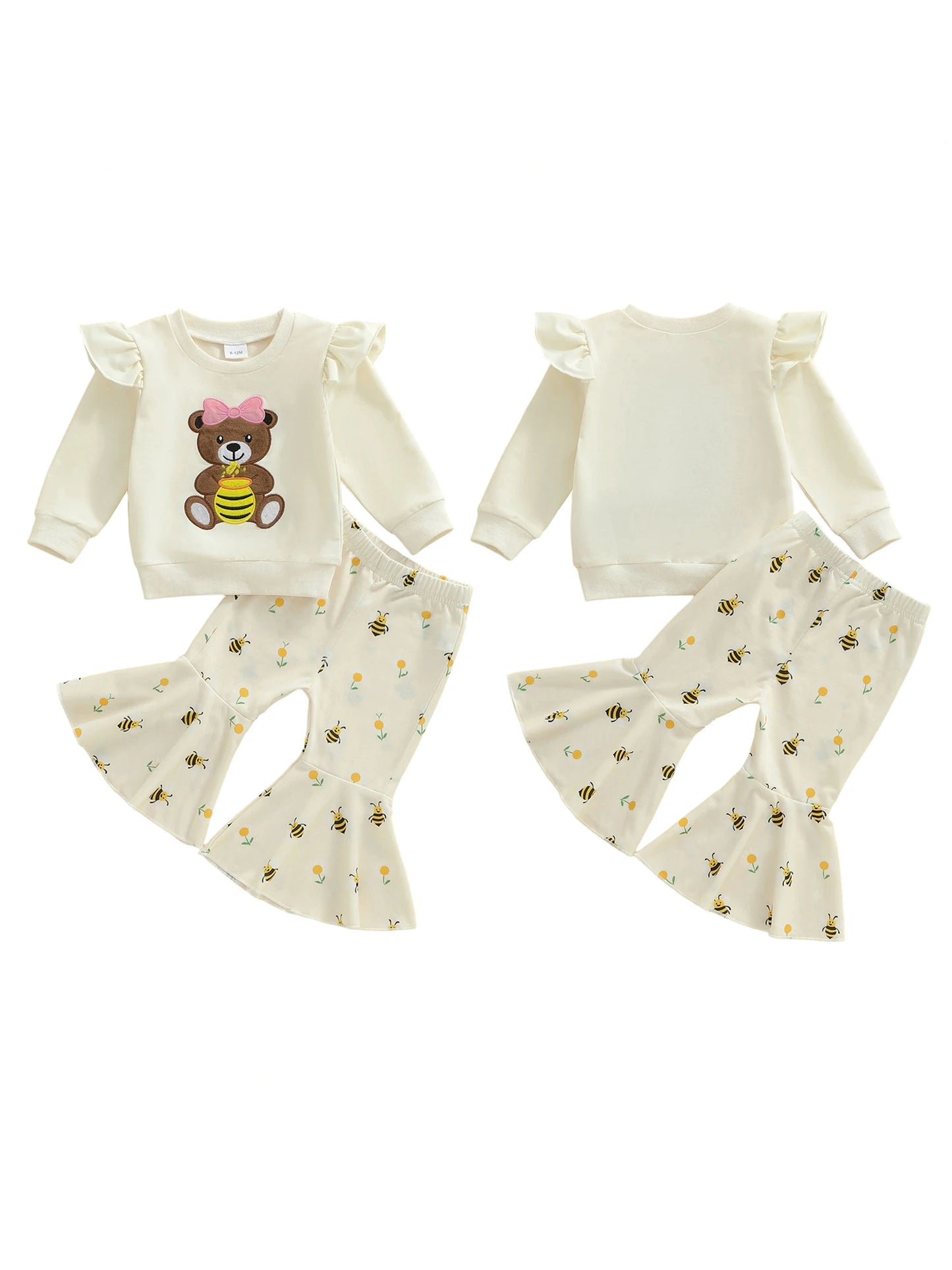 Baby Toddler Girls 2Pcs Pants Sets Long Sleeve O Neck Bear Embroidery Top Bee Print Flared Pants