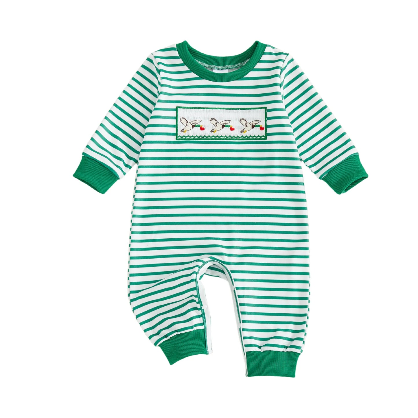 Baby Boys Striped Jumpsuit Long Sleeve Crewneck Heart Tarctor Embroidery Loose Fit Romper