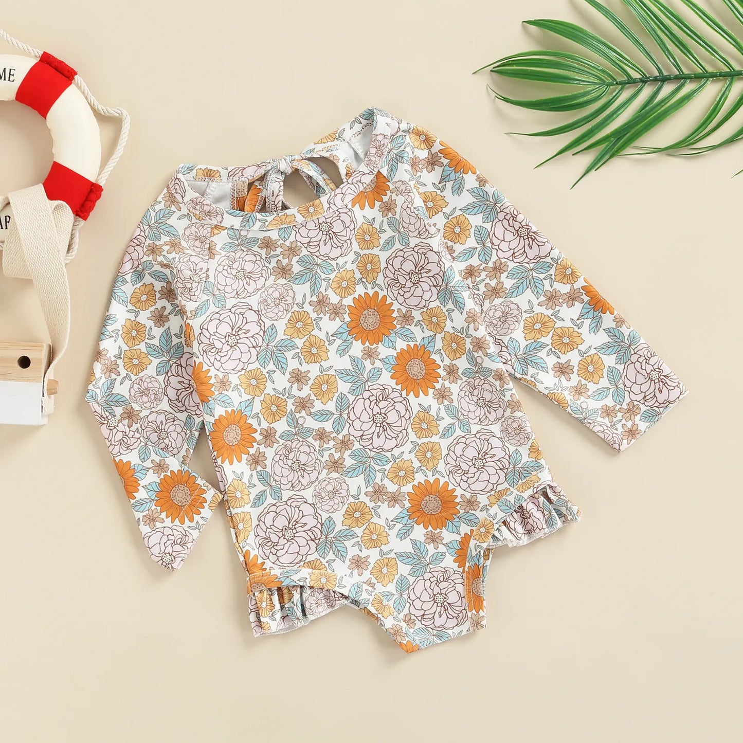 Long Sleeve Printed Ruffle Swimsuit