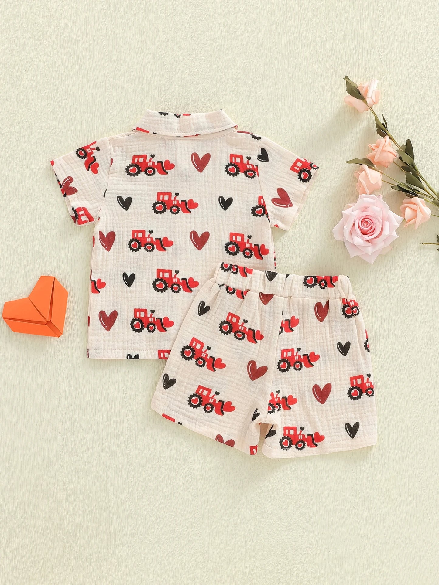 Baby Toddler Boys 2Pcs Valentine's Day Shorts Sets Short Sleeve Lapel Tractor Heart Print Top and Shorts Set