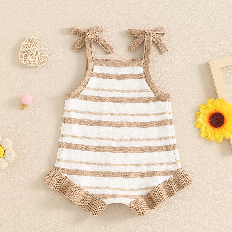 Baby Girls Summer Romper Sleeveless Tank Bow Strap Ruffle Striped Ribbed Jumpsuit Playsuit