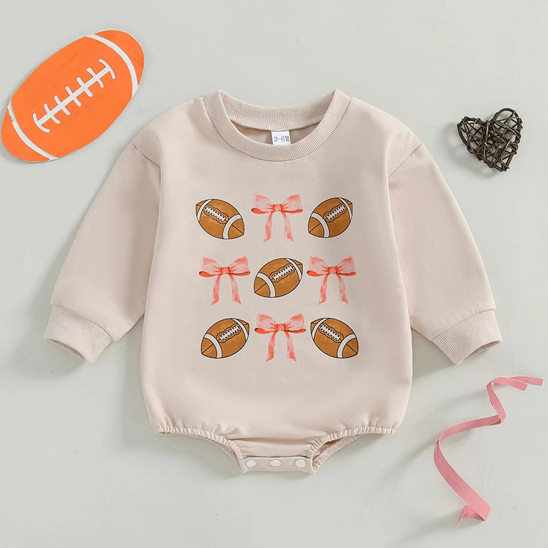 Baby Girl Bubble Romper Long Sleeve Crew Neck Bow Football Print Fall Jumpsuit
