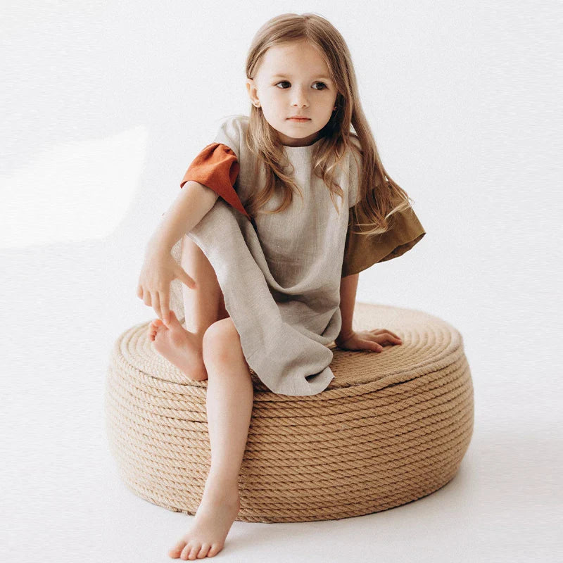 Colorblock Flare Sleeve Linen Dress