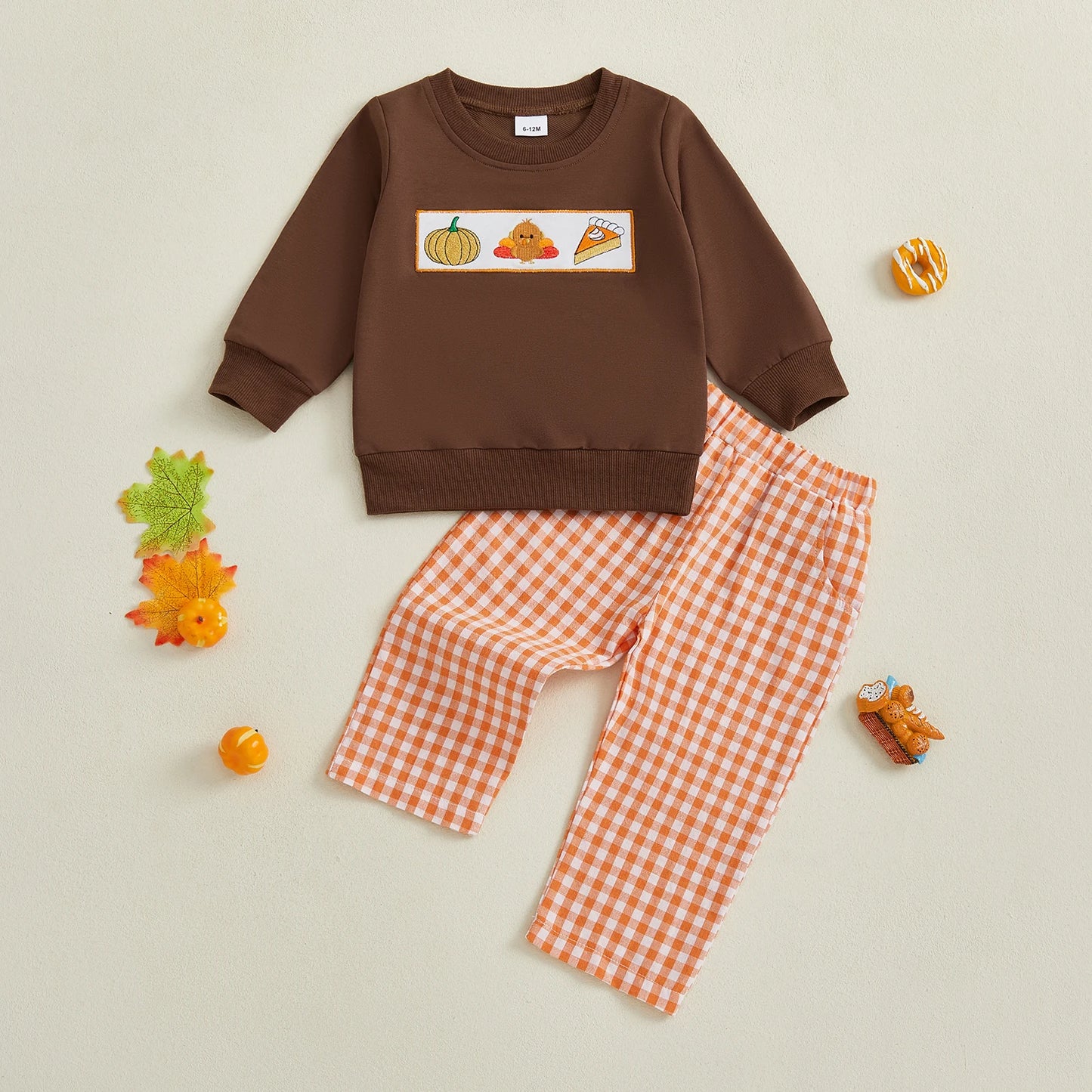 Baby Toddler Boys Girls 2Pcs Thanksgiving Outfit Pumpkin Turkey Pie Long Sleeve Crewneck Top Plaid Elastic Waist Pants Set