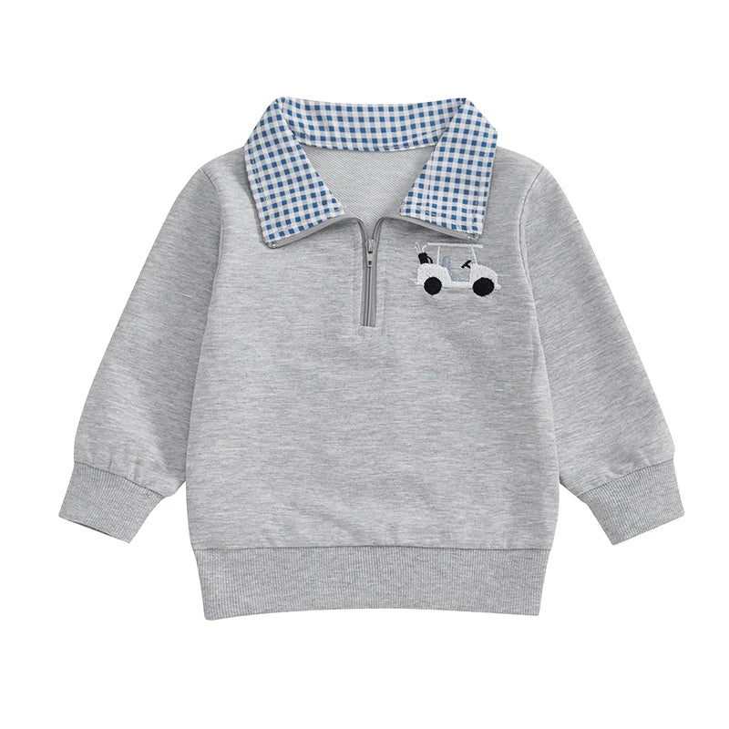 Baby Toddler Boys Golf Cart Embroidery Long Sleeve Pullover Quarter Zip Top