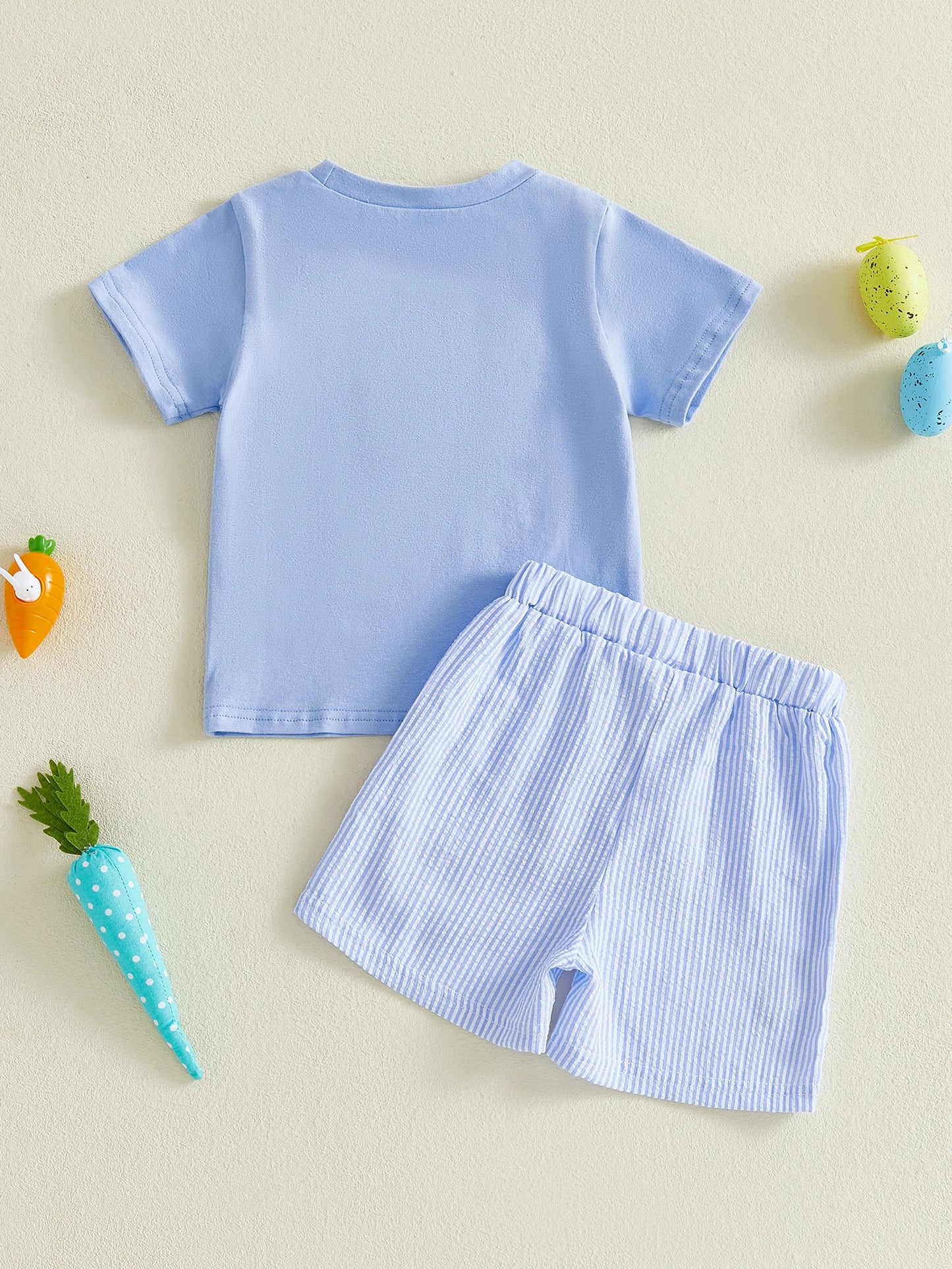 Baby Toddler Boys 2Pcs Easter Outfit Adorable Bunny Eggs Embroidery Short Sleeve Round Neck Top and Shorts Set