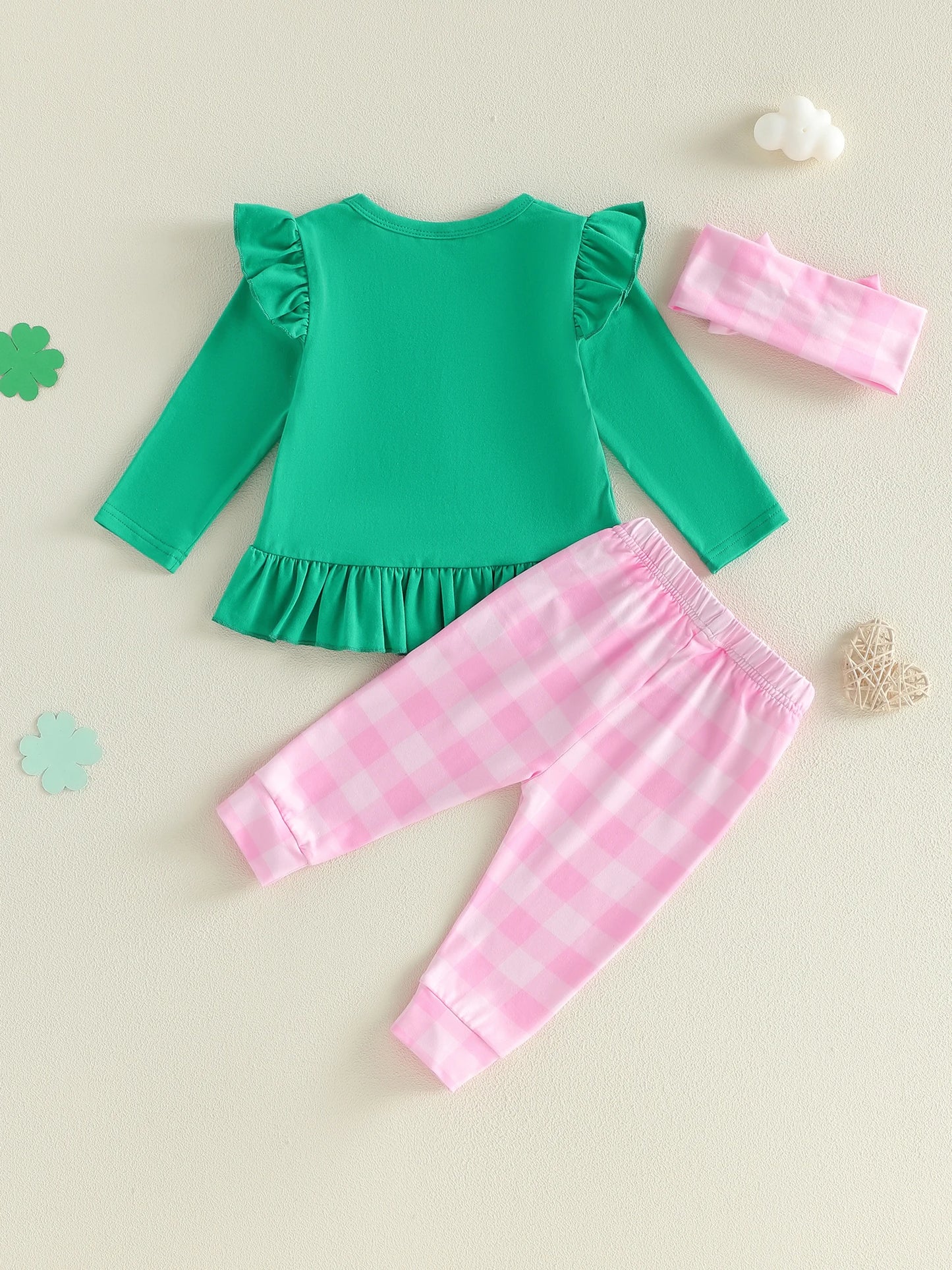 Baby Toddler Girls 3Pcs St. Patrick's Day Set Long Sleeve Clover Print Top Plaid Pant Headband Clothing Set