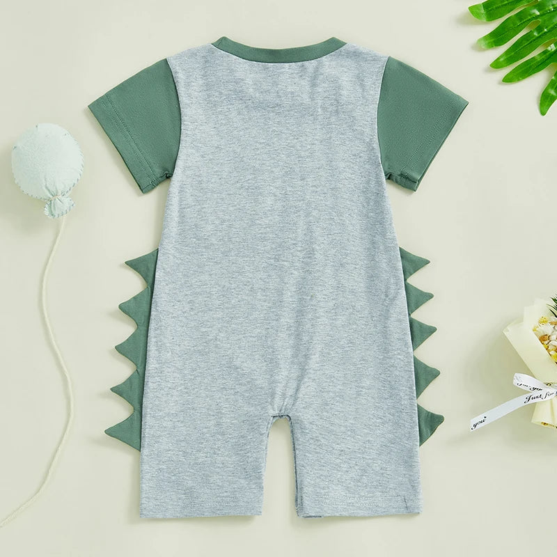 Baby Boy Summer Romper Short Sleeve Round Neck Contrast Color Dinosaur Spikes Jumpsuit Playsuit