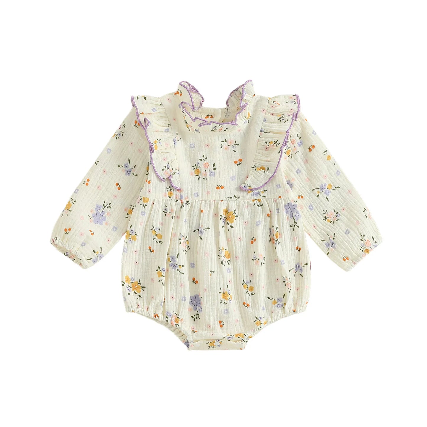 Baby Girl Fall Bubble Romper Floral Print Long Sleeve Frill Mock Neck Ruffled Jumpsuit