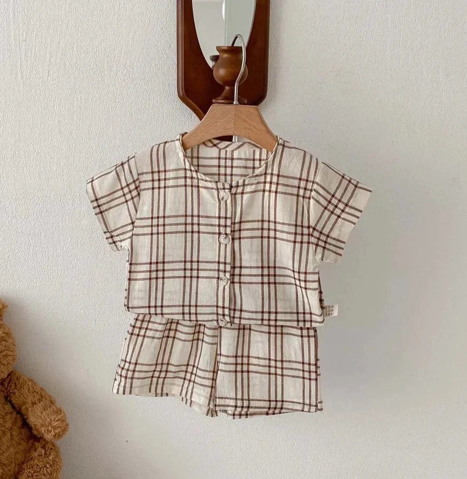Button Up Plaid Shorts Set