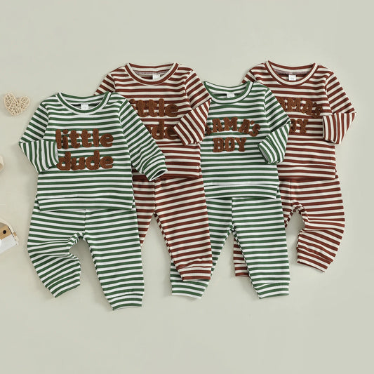 Baby Toddler Boys 2Pcs Mama's Boy / Little Dude Waffle Outfit Letter Embroidery Striped Long Sleeve Top and Elastic Pants Set
