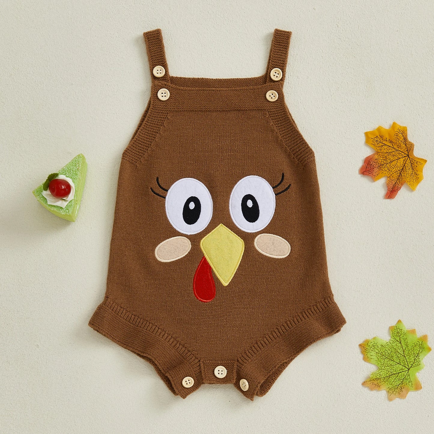 Baby Girl Thanksgiving Knit Romper Cute Turkey Print Square Neck Sleeveless Infant Jumpsuit Overalls