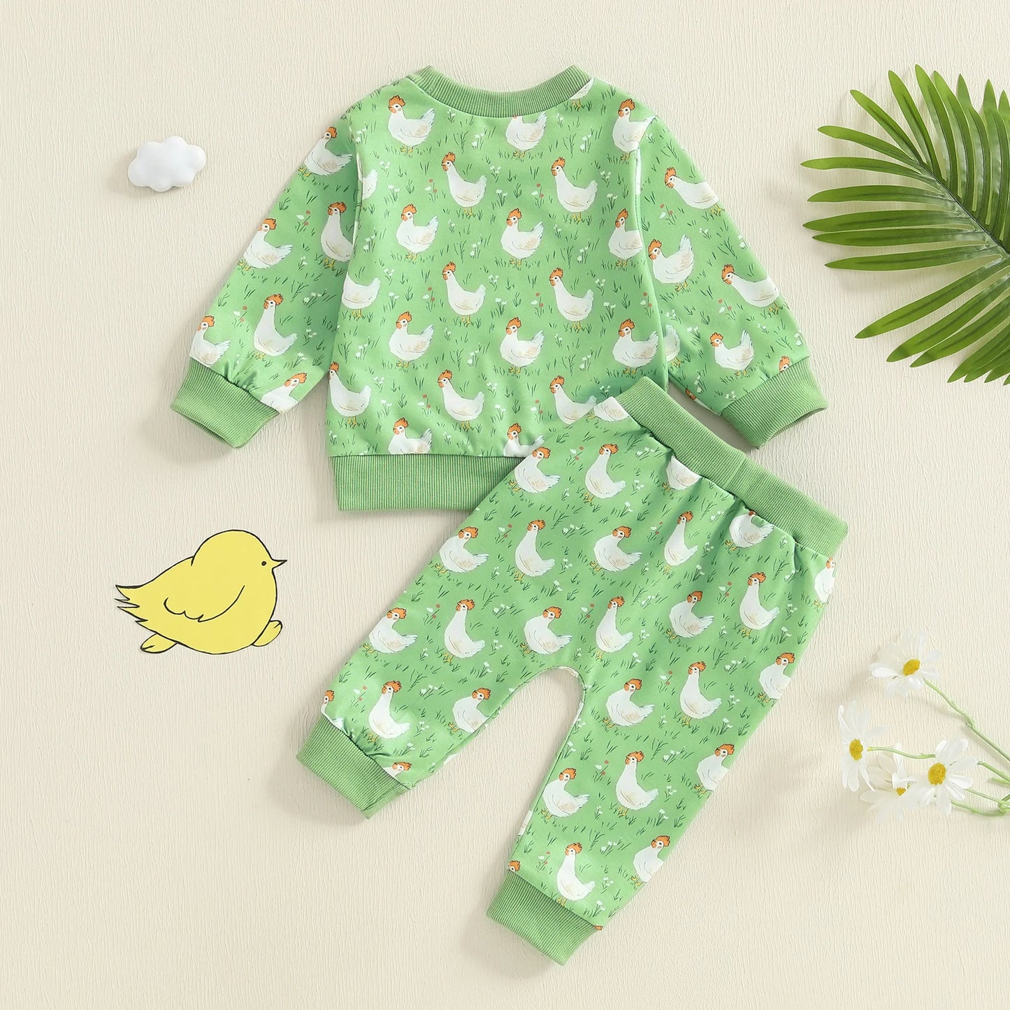 Baby Toddler Boys Girls 2Pcs Fall Outfit Long Sleeve Farm Chicken Print Top Jogger Pants Set