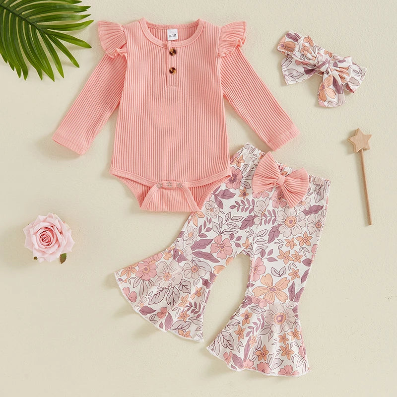 Baby Girls 3Pcs Spring Outfit Solid Color Ribbed Button Long Sleeve Romper Flowers Floral Print Flared Pants with Bow and Headband Set