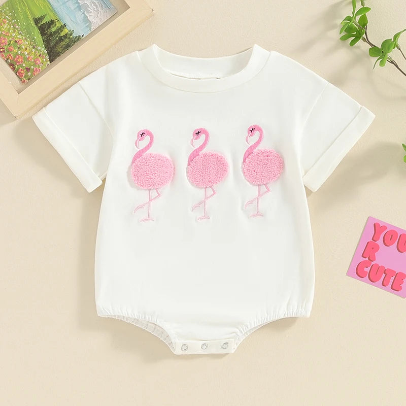 Baby Girl Short Sleeve Flamingo Embroidery Romper Jumpsuit