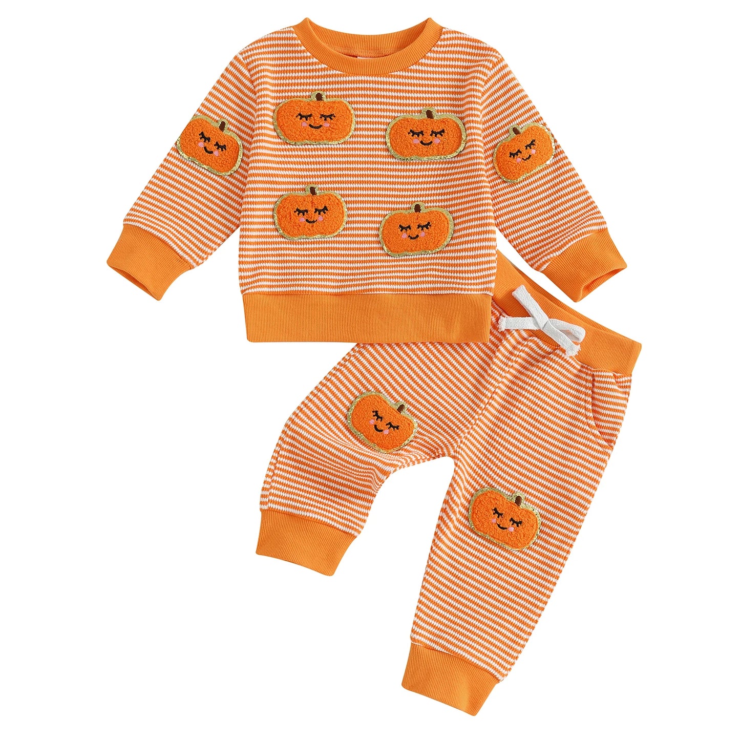 Baby Toddler Boys Girls 2Pcs Halloween Outfit Ghost Pumpkin Pattern Striped O-Neck Long Sleeve Top with Pants Jogger Set