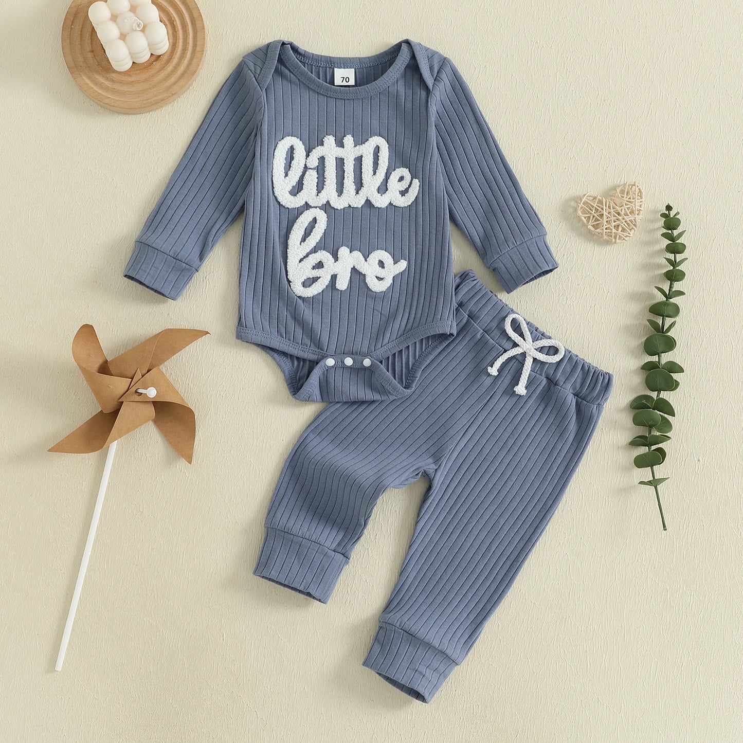 Baby Boy 2Pcs Fall Clothes Letter Little Bro Embroidery Long Sleeve Romper Solid Long Jogger Pants Outfit Set