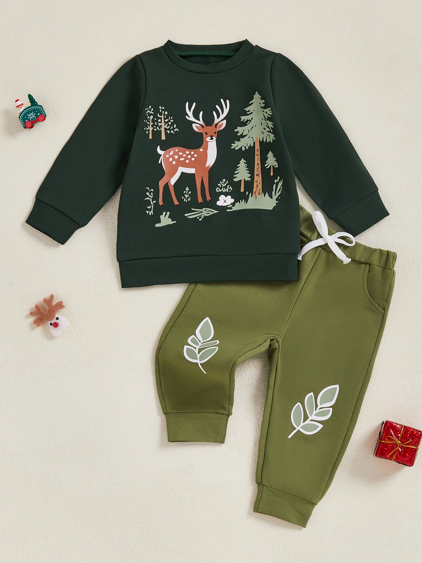 Baby Toddler Boys 2Pcs Christmas Clothes Reindeer Tree Winter Print Long Sleeve Round Neck Pullover Elastic Waist Long Jogger Pants