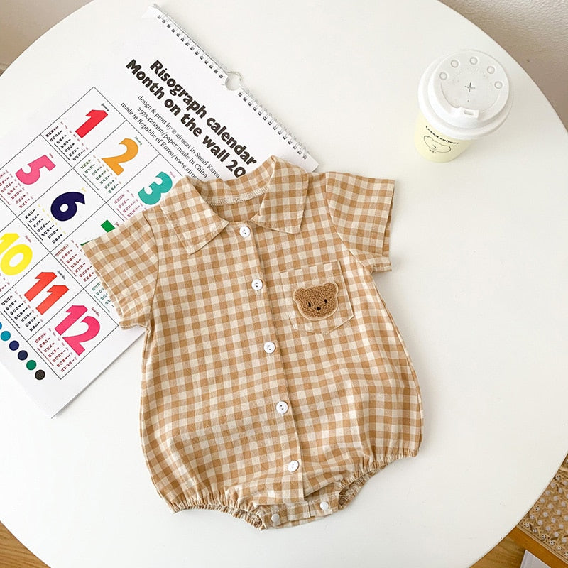 Boys Plaid Bear Patch Bodysuit Romper