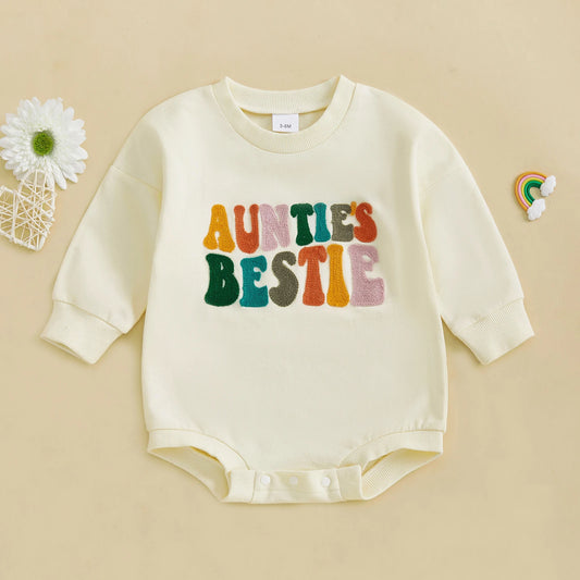 Baby Boy Girl Bubble Romper Letter Auntie's Bestie Embroidered Crew Neck Long Sleeve Jumpsuit Cute Winter Fall Clothes