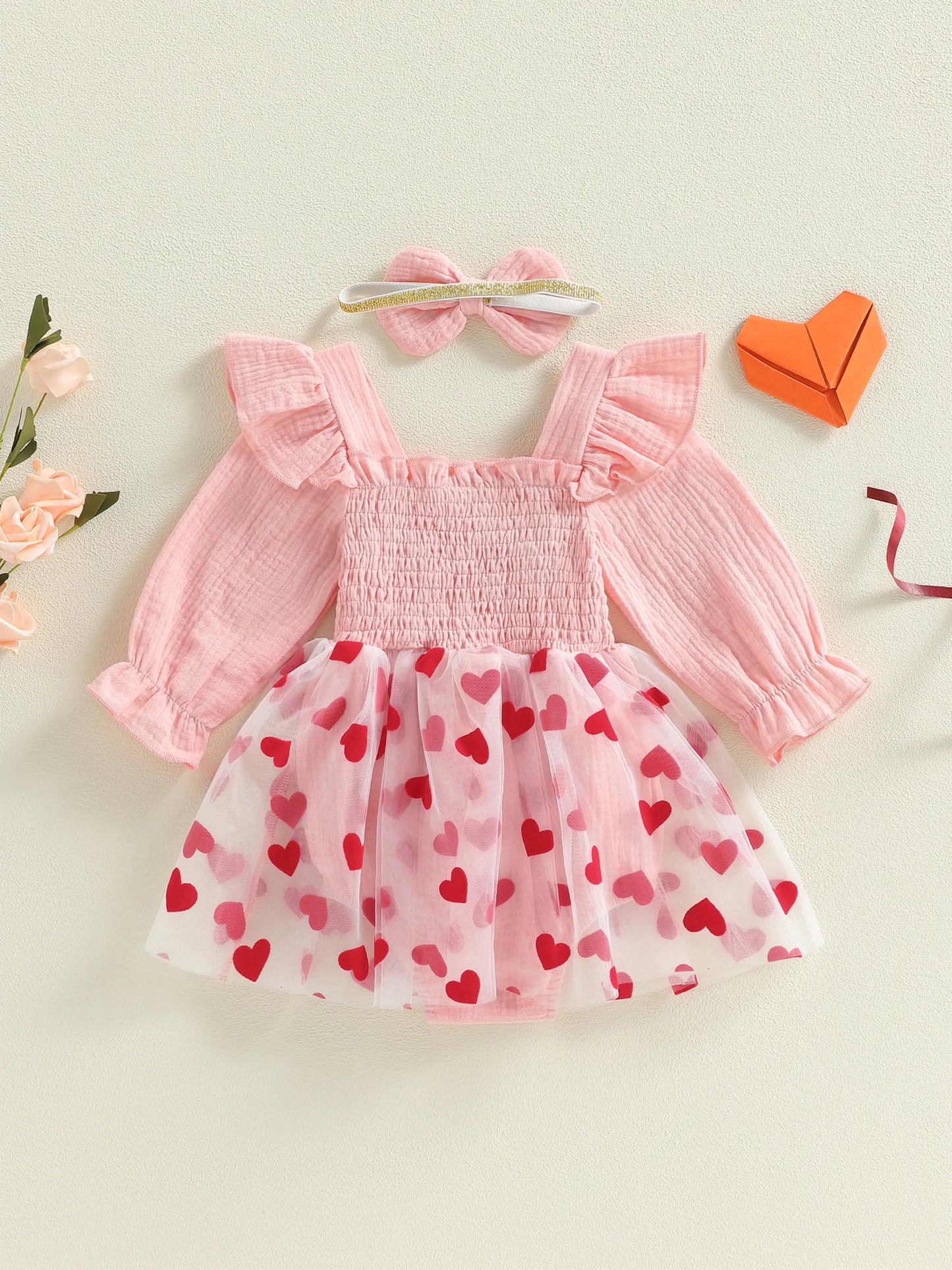 Baby Girl 2Pcs One Long Sleeve Square Neck Heart A-line Heart Tutu Romper Dress with Bowknot Headband Birthday Outfit