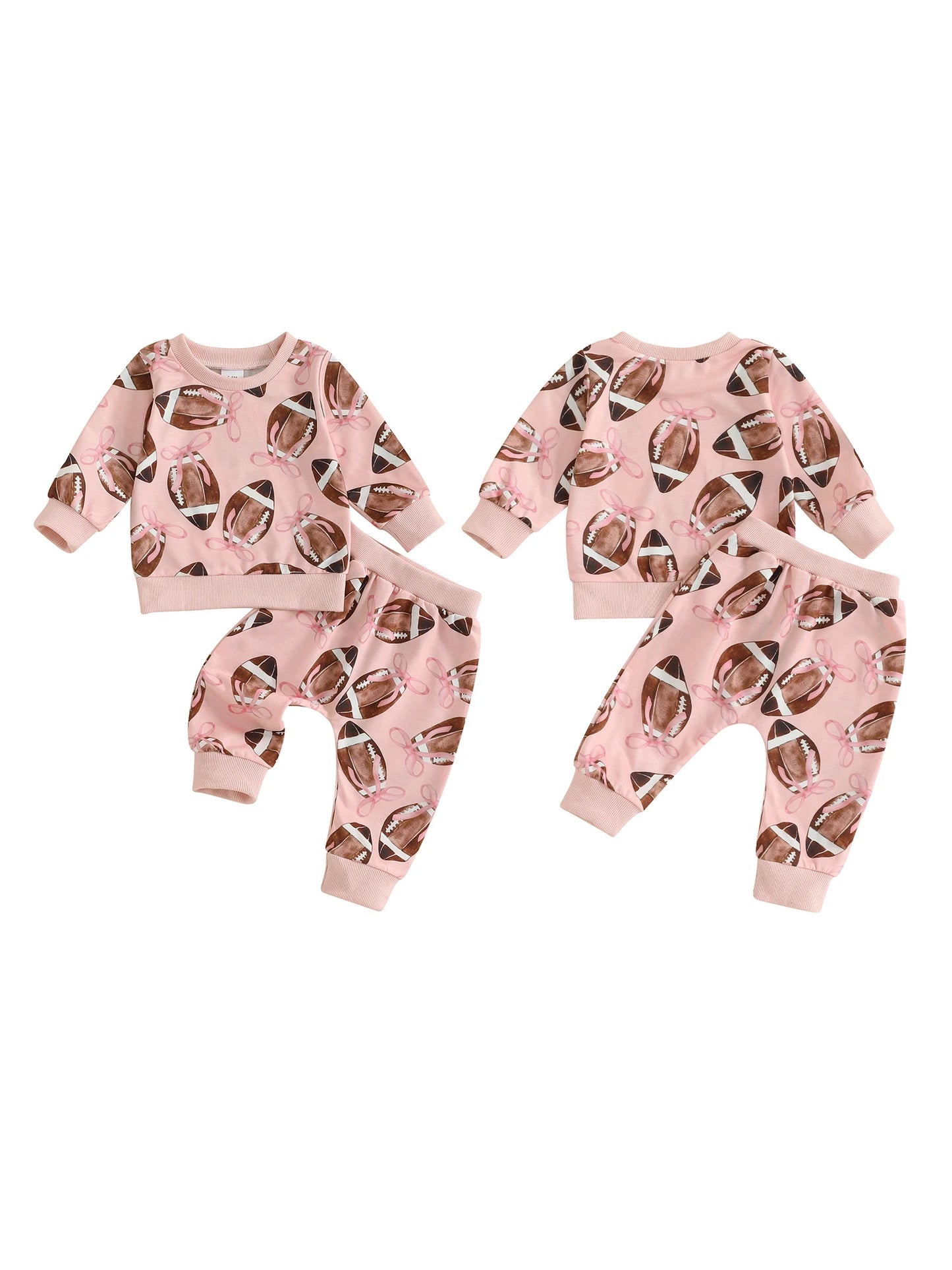 Baby Toddler Girls 2Pcs Fall Outfit Football Bow Print Crew Neck Long Sleeve Top with Pants Jogger Set