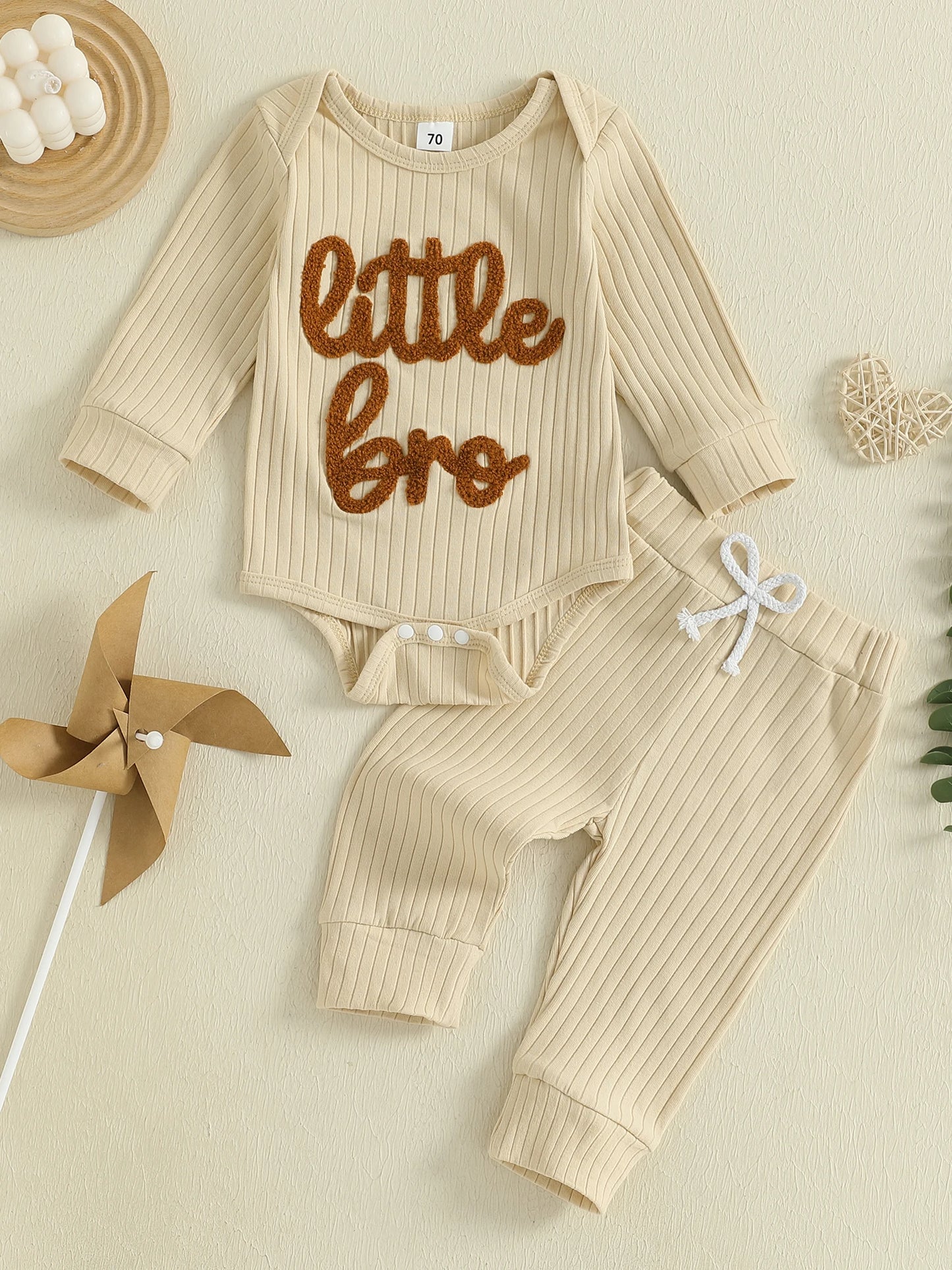 Baby Boy 2Pcs Fall Clothes Letter Little Bro Embroidery Long Sleeve Romper Solid Long Jogger Pants Outfit Set