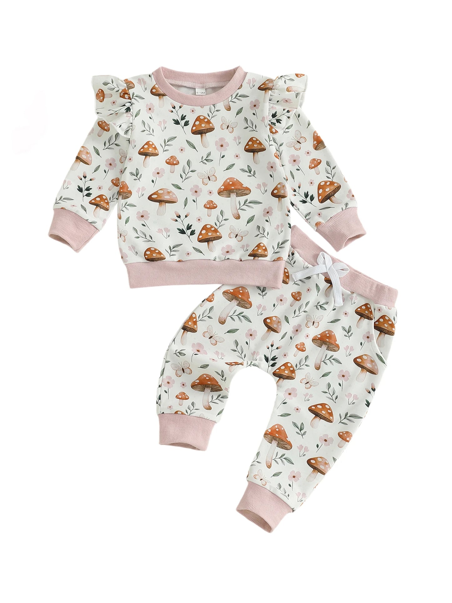 Baby Toddler Girl 2Pcs Fall Outfit Long Sleeve Mushroom Floral Print Top + Pants Jogger Set Clothes