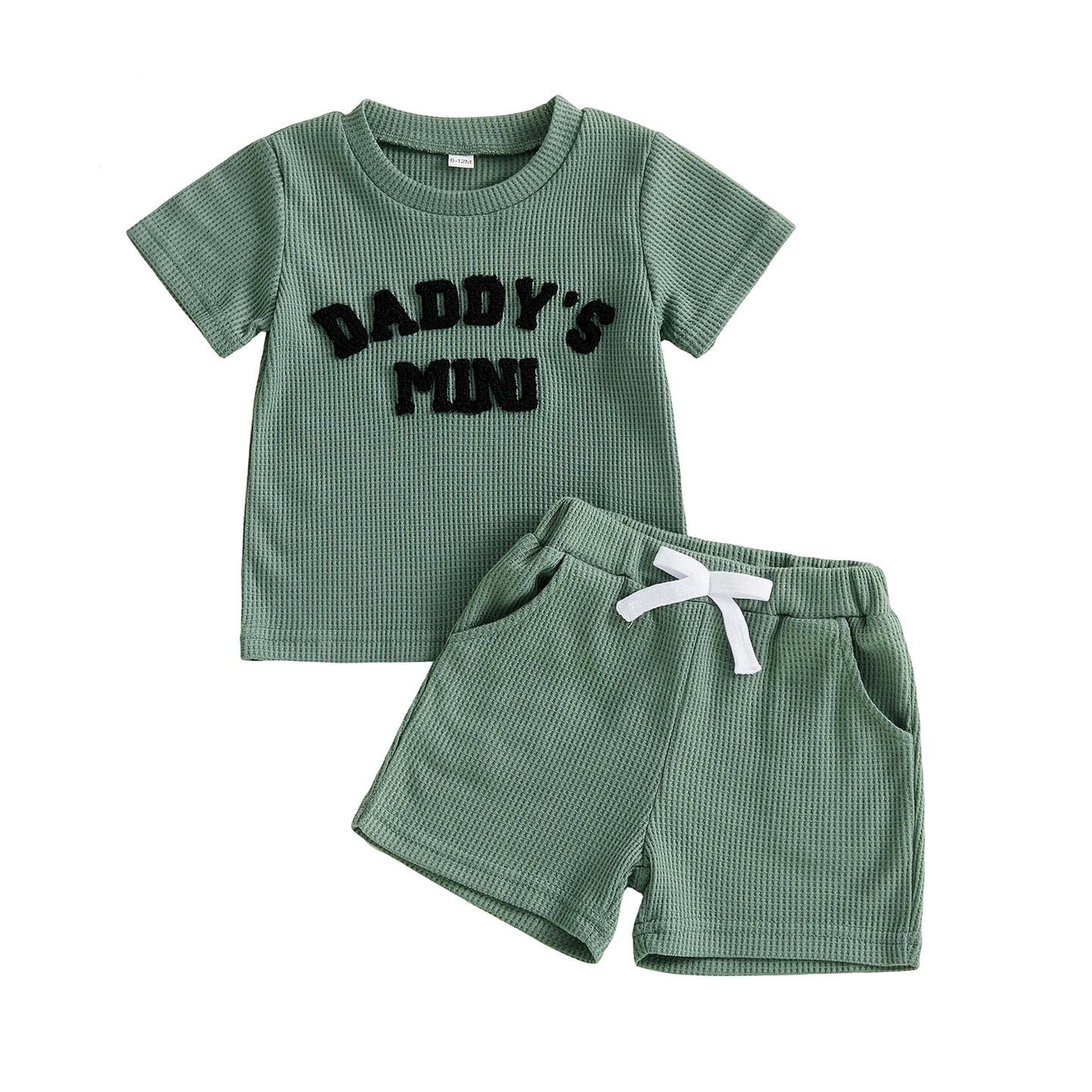 Baby Toddler Boys 2Pcs Daddy's Mini Summer 2 Piece Outfits Short Sleeve Round Neck Letter Embroidery Waffle Top and Shorts Set
