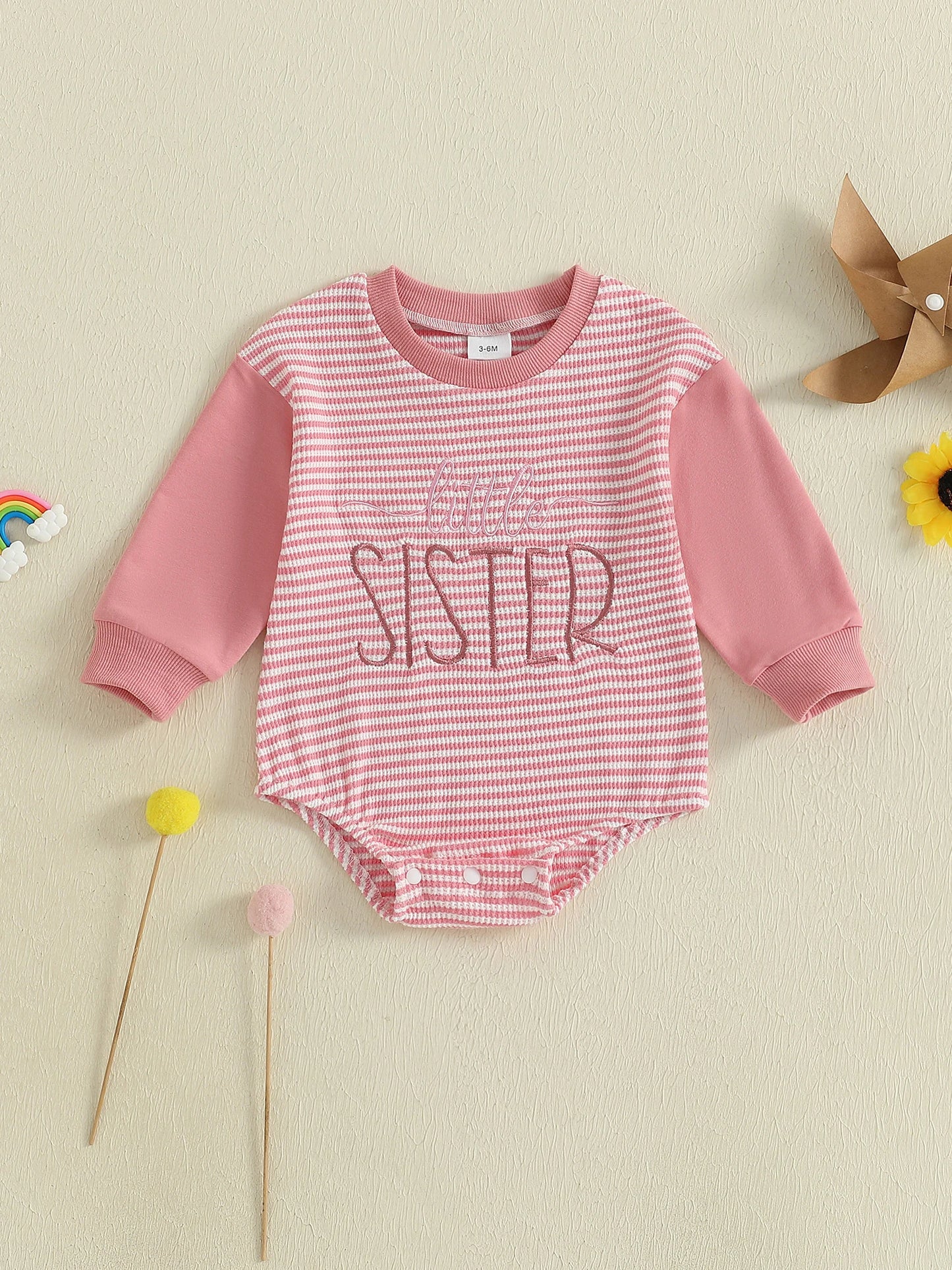 Baby Boys Girls Fall Romper Stripe Letter Little Brother Sister Embroidery Long Sleeve Crew Neck Bubble Jumpsuit