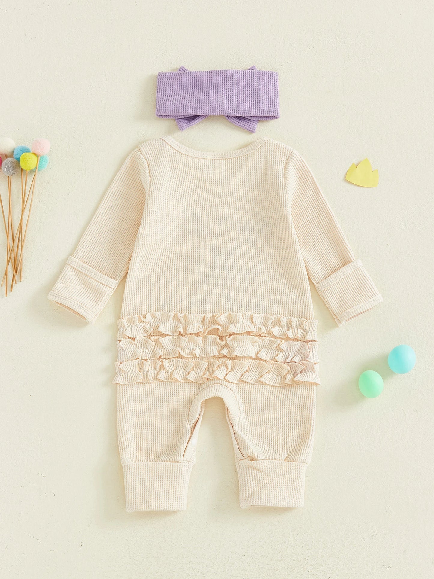 Baby Girl 2Pcs My First Mardi Gras Romper Letter Embroidery Full Length Long Sleeve Crew Neck Bodysuit Bow Headband Set