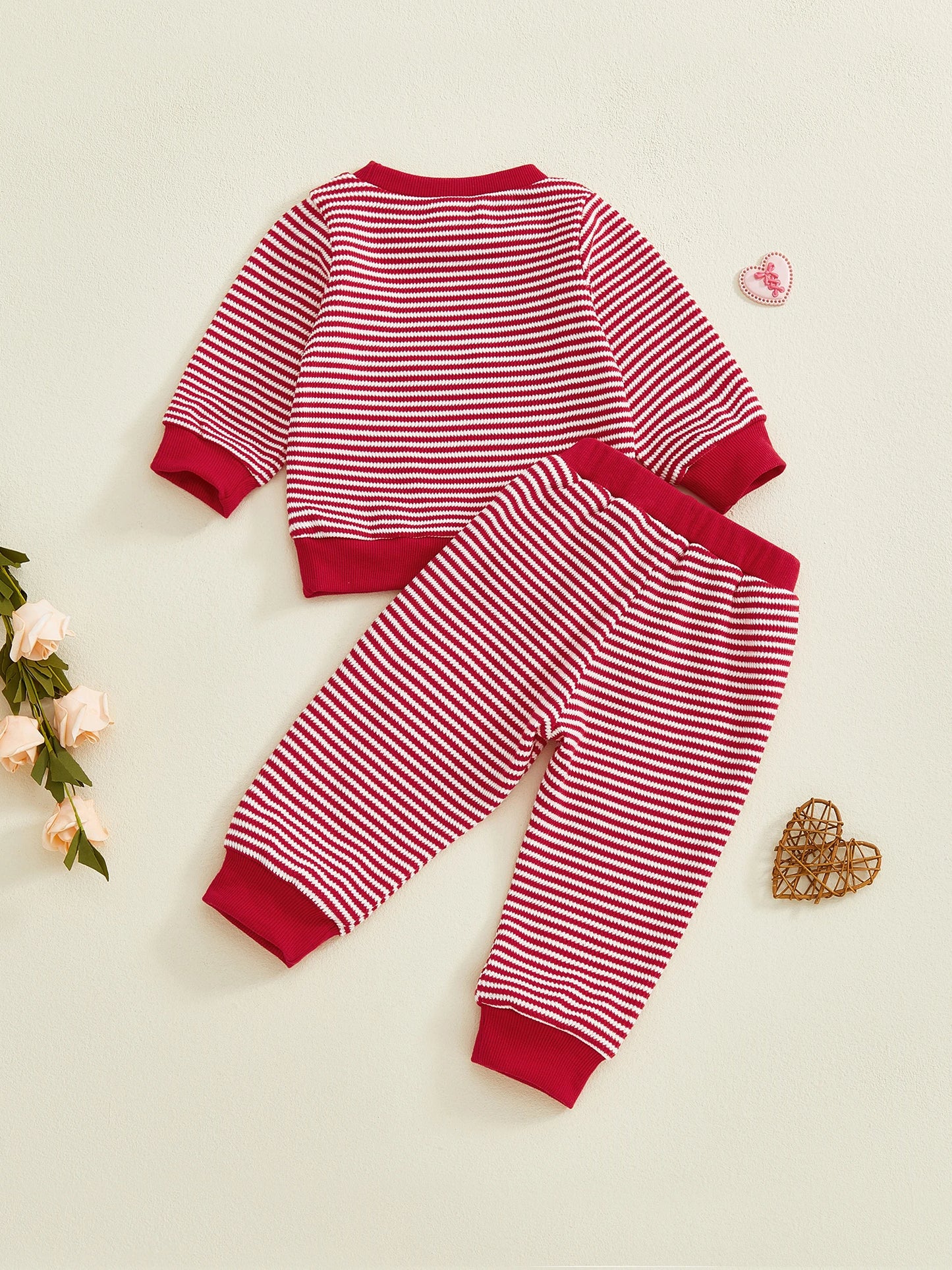 Baby Toddler Boy 2Pcs Lover Boy Valentines Day Outfit Stripe Letter Embroidery Crew Neck Long Sleeve Top and Heart Pants 2 Pcs Jogger Set