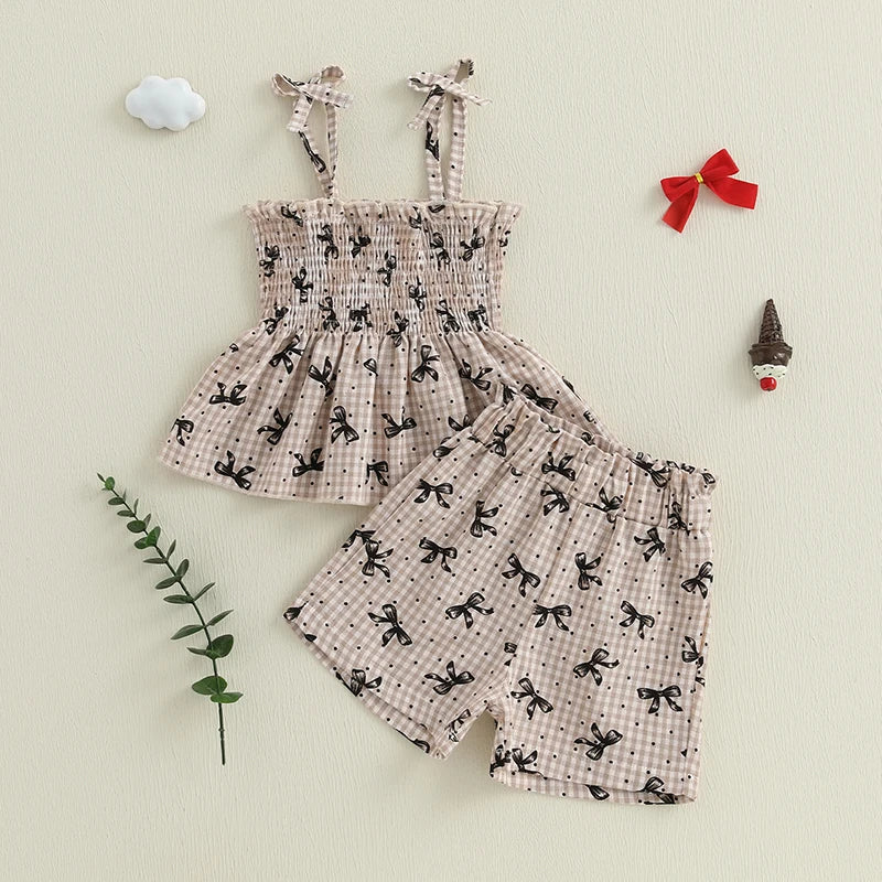 Baby Toddler Girls 2Pcs Summer Clothes Plaid Bow Print Spaghetti Strap Cami Tank Top + Elastic Waist Shorts Set