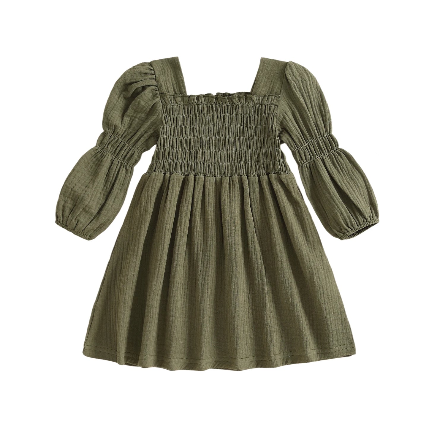 Baby Toddler Girl Bubble Sleeve Dress Stylish Solid Smocked Square Neck Long Sleeve A Line Dress