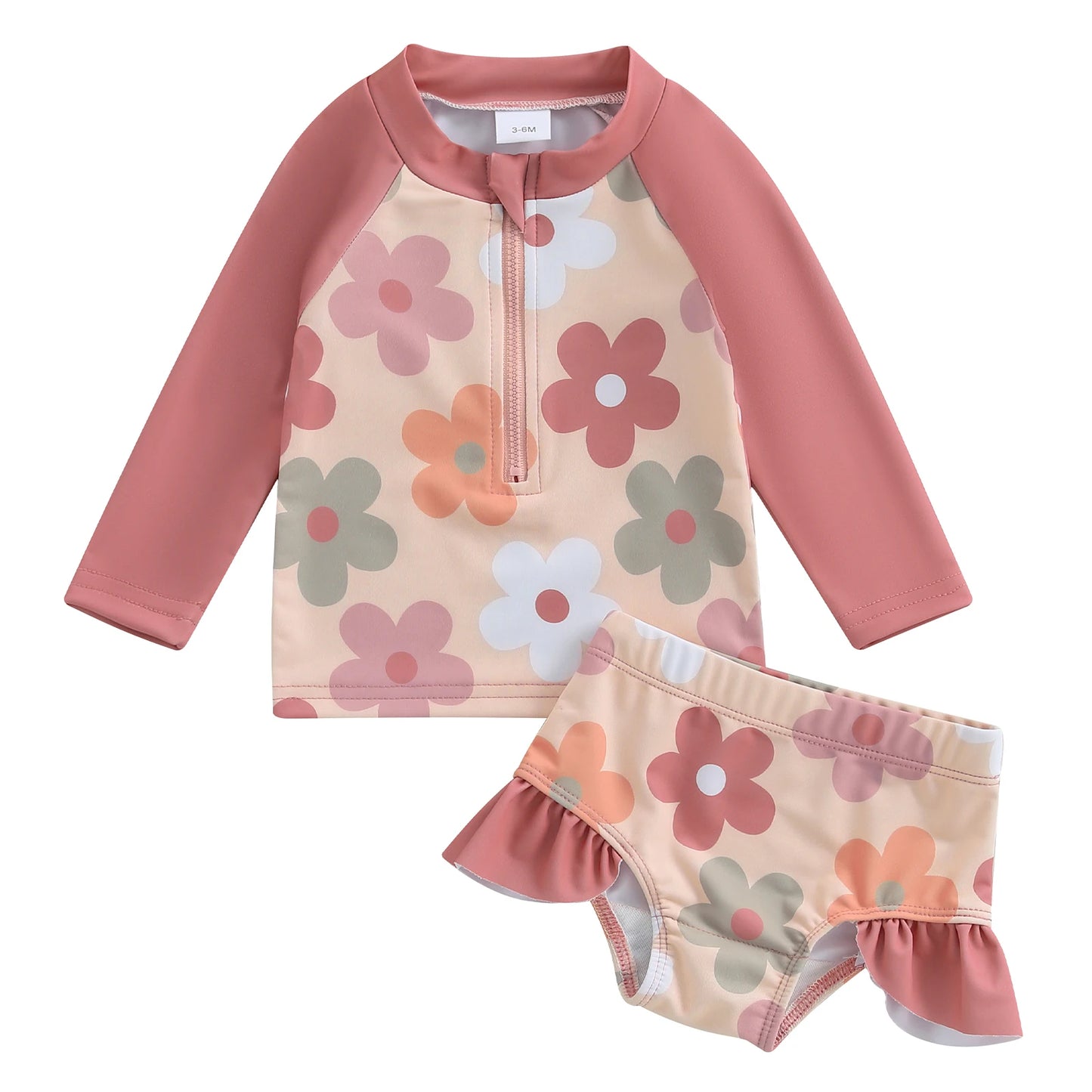 Baby Toddler Girls 2Pcs Summer Swimsuit Set Flower Bow Print Zip-up Rash Guard Long Sleeve Swim Top and Shorts Bathing Suit