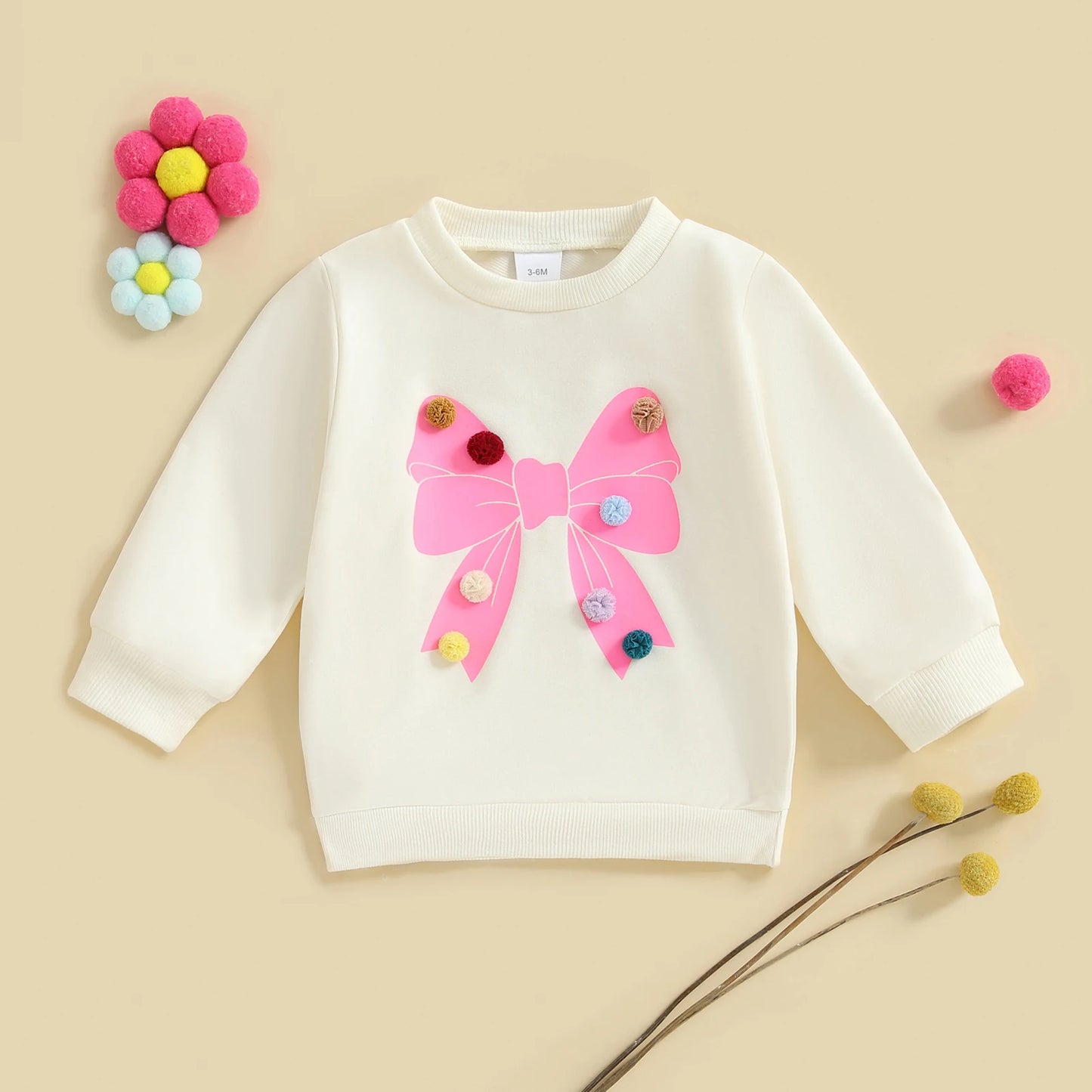 Baby Toddler Girls Long Sleeve Top Pom Pom Ball Bow Print Crewneck Pullover Winter Fall Clothes