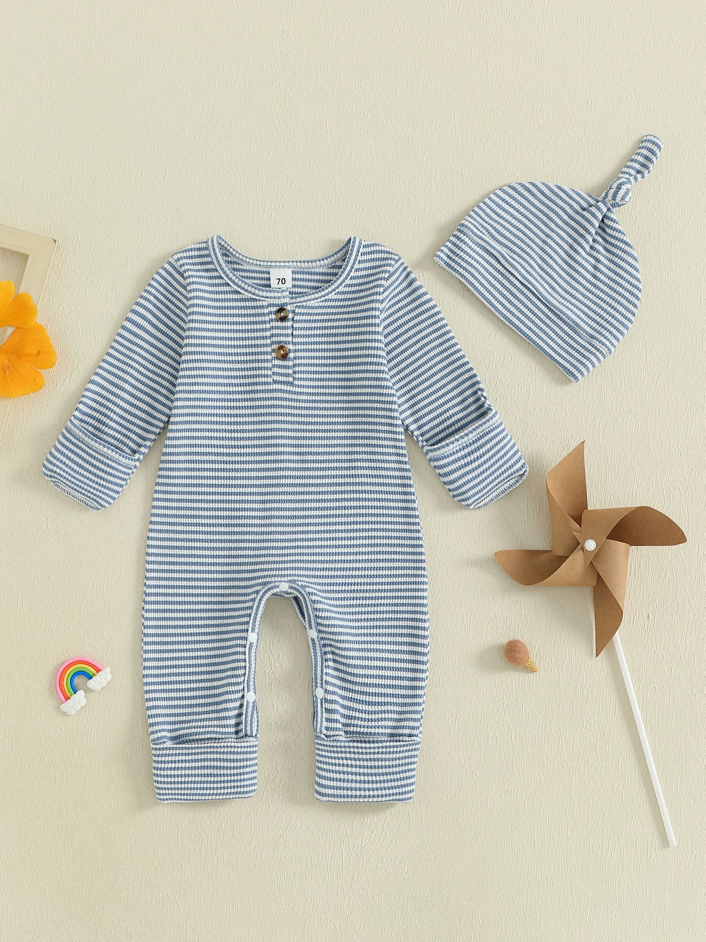 Baby Boys 2Pcs Fall Clothes Romper Stripe Print Long Sleeve Round Neck Full Length Jumpsuit with Hat Set