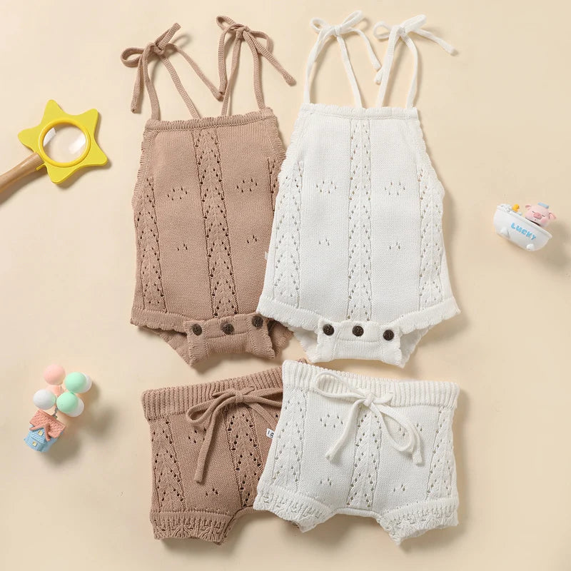 Baby Girls 2Pcs Summer Clothing Set Sleeveless Solid Knitted Tank Top Bodysuit and Shorts Set