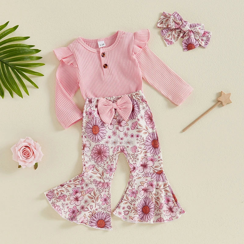 Baby Girls 3Pcs Spring Outfit Solid Color Ribbed Button Long Sleeve Romper Flowers Floral Print Flared Pants with Bow and Headband Set