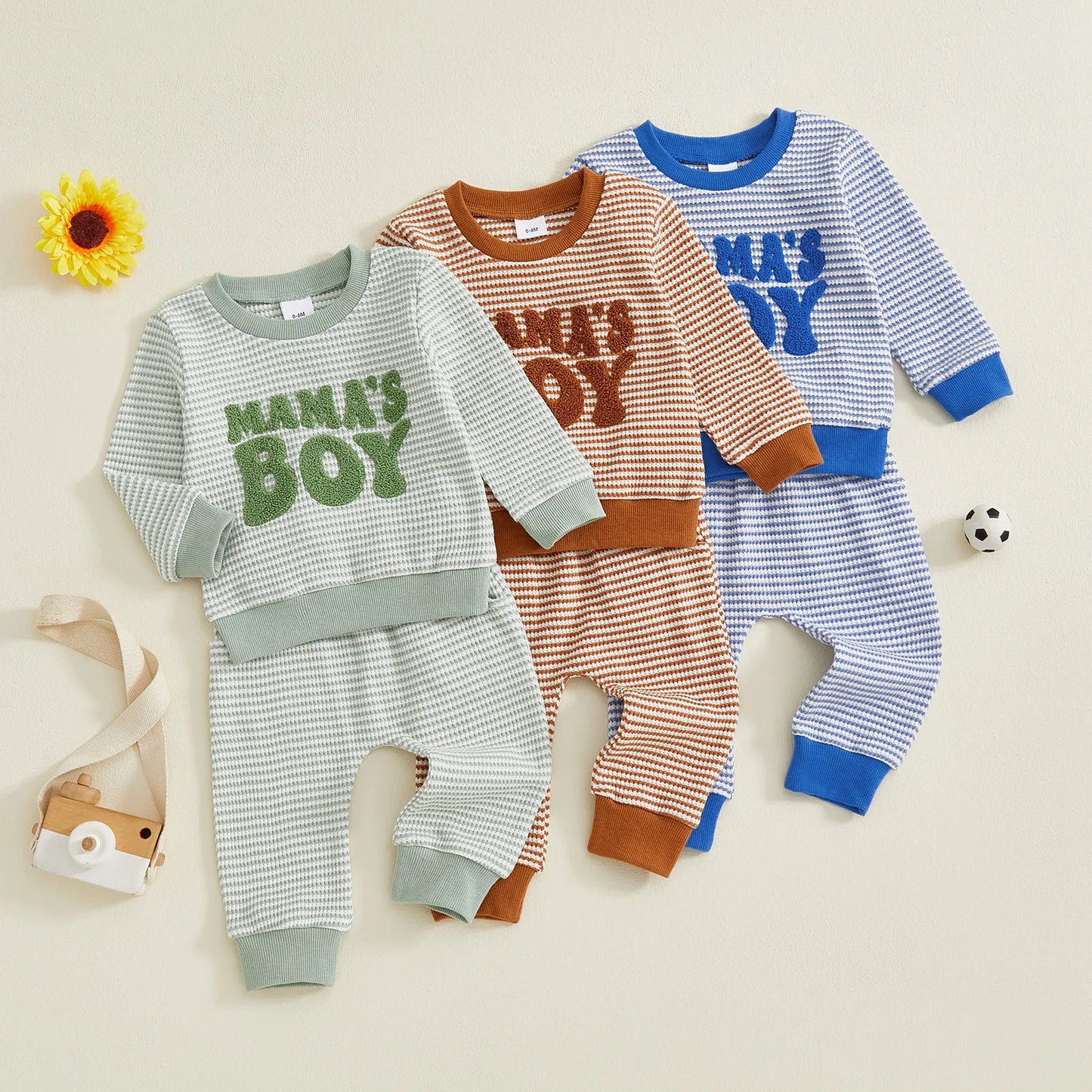 Baby Toddler Boys 2Pcs Fall Striped Outfit Letter Embroidery Long Sleeve Top and Elastic Pants Jogger Set