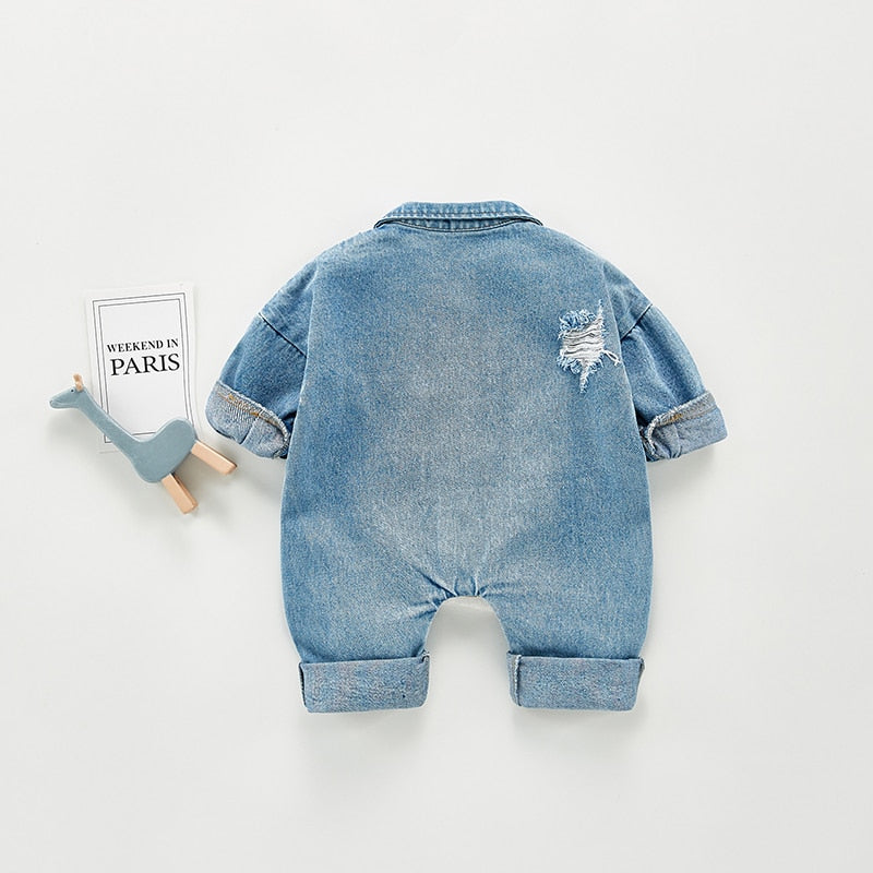 Long Sleeve Distress Denim Jumpsuit Romper