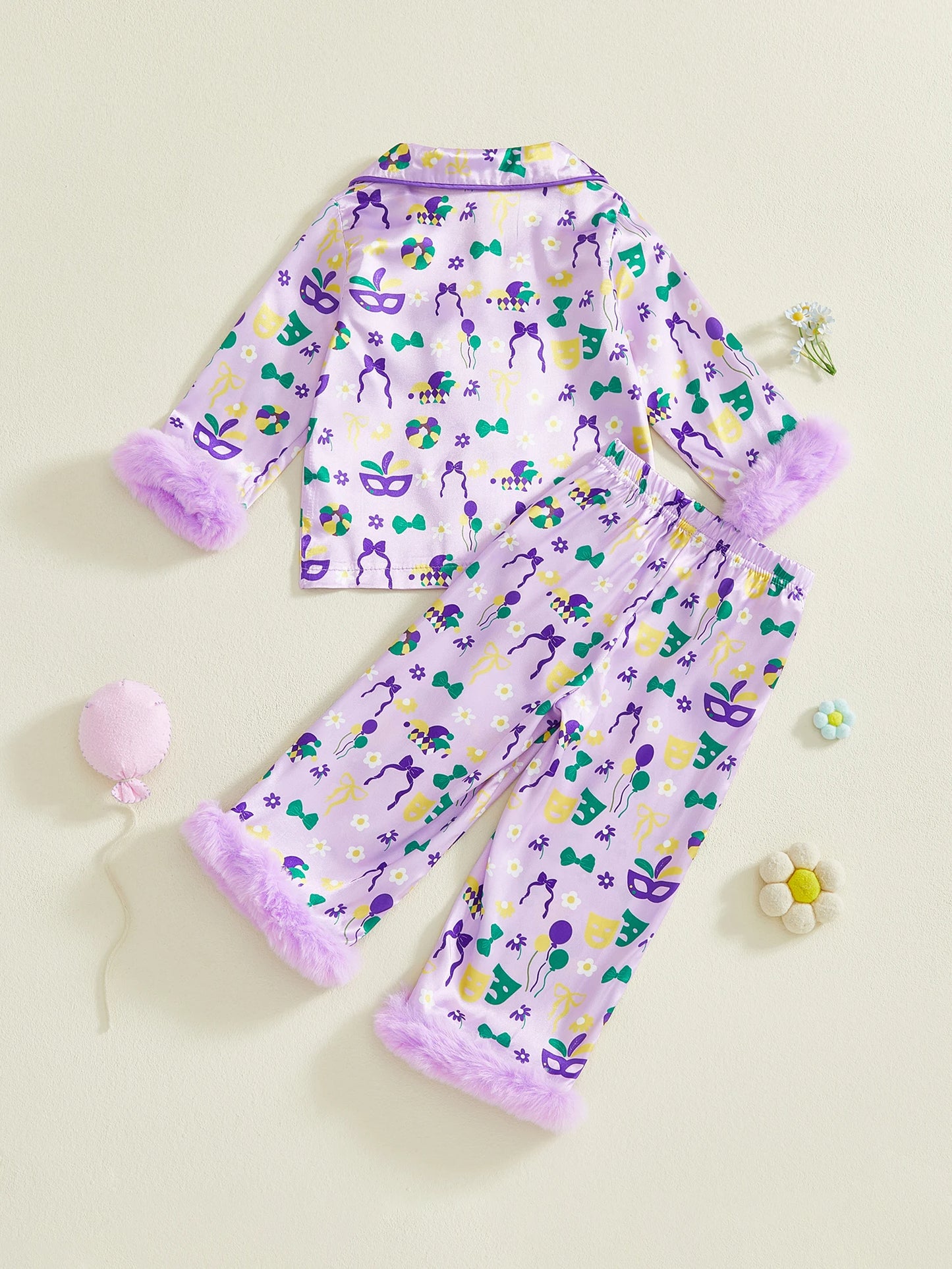 Toddler Kids Girls 2Pcs Mardi Gras Carnival Pajamas Set Long Sleeve Hat Bowtie Print Fur Cuffs Top and Pants Set Sleepwear