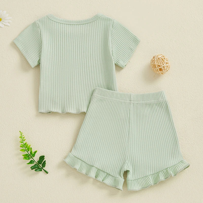 Baby Toddler Girls 2Pcs Ribbed Outfit Solid Color Short Sleeve T-Shirt Top Elastic Waist Ruffle Shorts Set